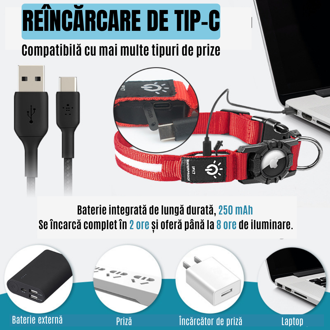 Colier LED pentru câini, cu suport pentru GPS (AirTag)