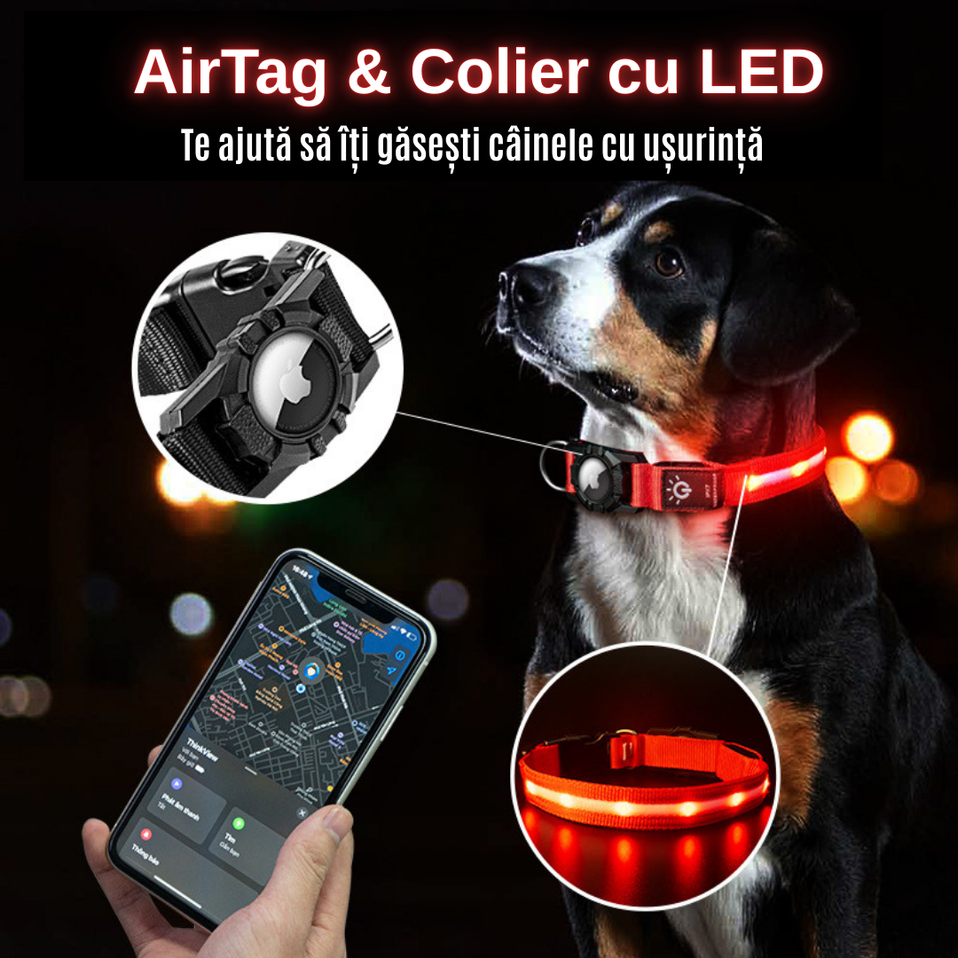 Colier LED pentru câini, cu suport pentru GPS (AirTag)