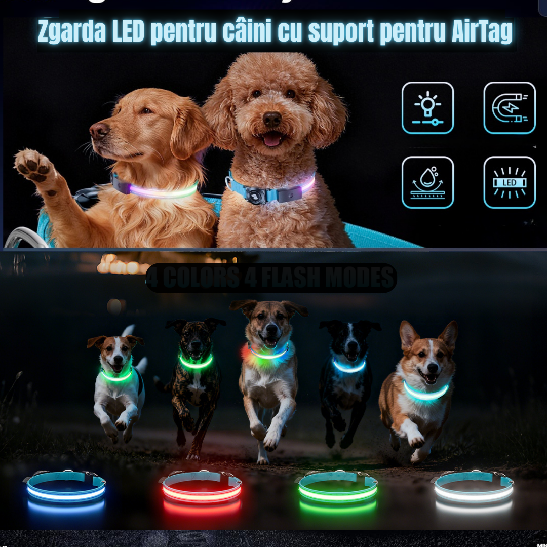 Colier LED pentru câini, cu suport pentru GPS (AirTag)